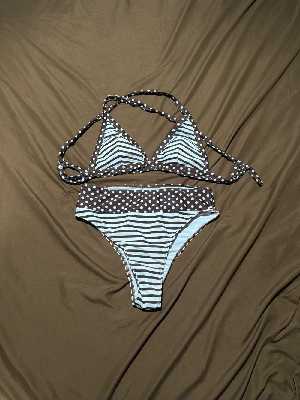Brown & White Stripe Polka Triangle Bikini Set